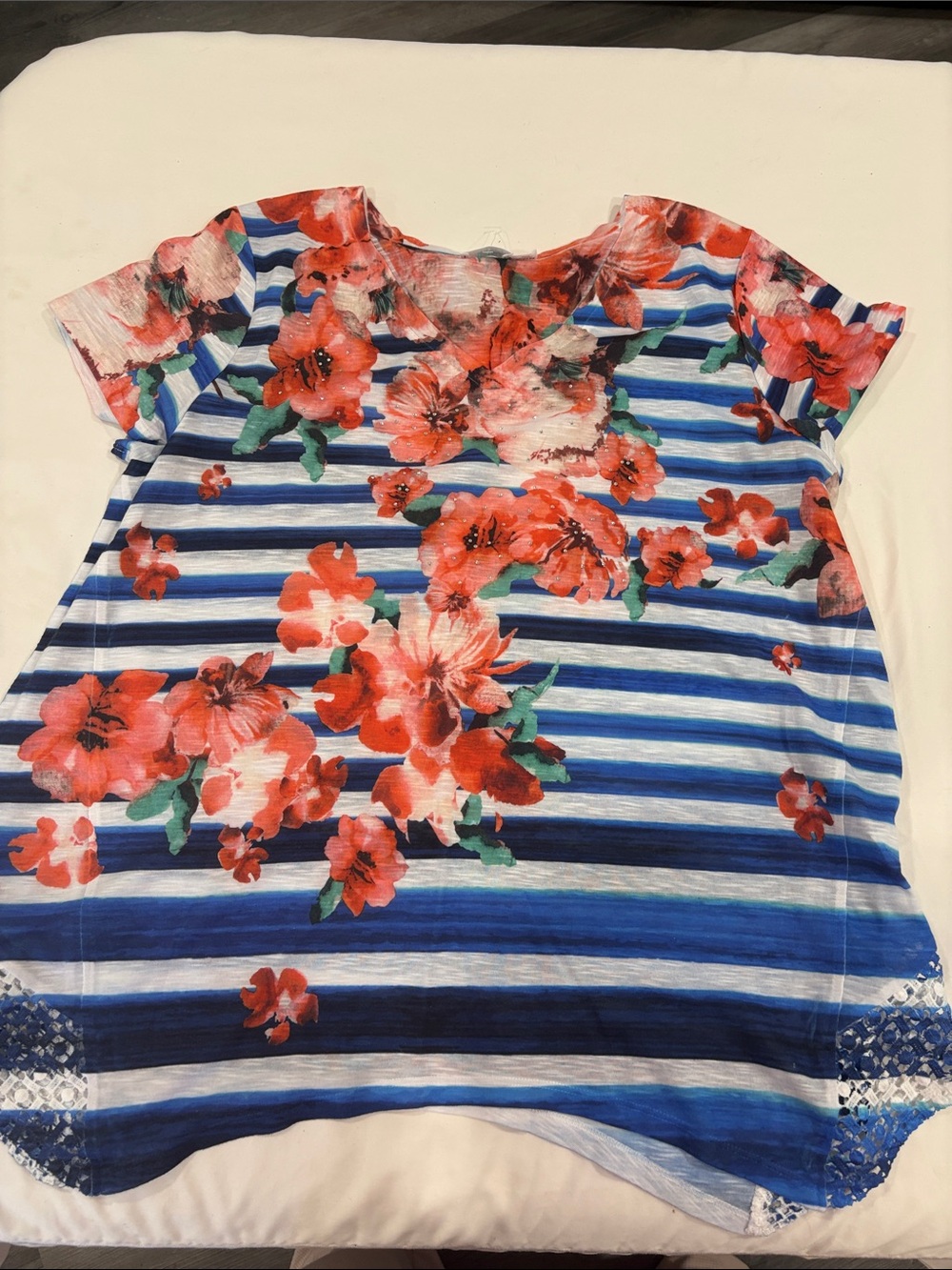 Time and Tru Blue Striped Top with Coral Floral Print